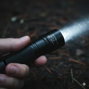 Detail shot of the knurled grip on a tactical AAA flashlight, showing its robust build and secure handling.
