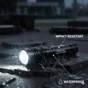 The rugged, impact-resistant baton flashlight being tested in a wet, challenging outdoor environment.