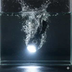 The 1000 lumens flashlight partially submerged in water or being rained on to demonstrate its IP-rated waterproofing and rugged design.