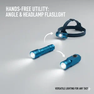 An illustration of an aaa flashlight model that converts into a hands-free headlamp or an angle light for utility tasks.