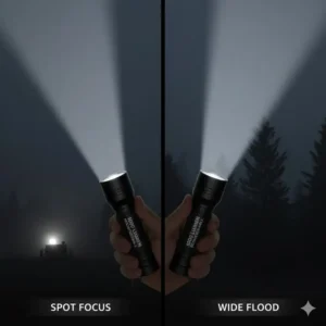 Illustration demonstrating the adjustable zoom and focus feature of the 1000 lumen torch.