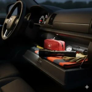 A baton flashlight stored in a vehicle's emergency kit for roadside use.