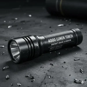 Detailed shot of the durable, aircraft-grade aluminum casing of the 4000 lumen torch for maximum resilience.