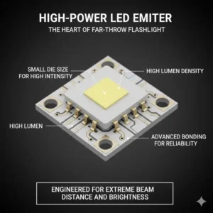Detailed view of the powerful, low-surface-area LED emitter responsible for the farthest throwing flashlight's long-range throw.