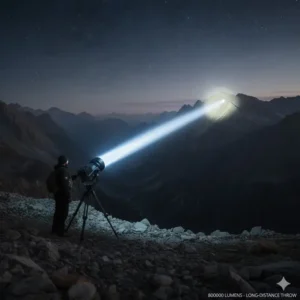 A clear demonstration of the incredible long-distance throw capability of the 800000 lumen light, reaching a distant object.