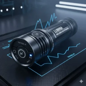 Close-up of the easy-to-use tactical tail switch and mode selection interface on the 4000 lumen flashlight.