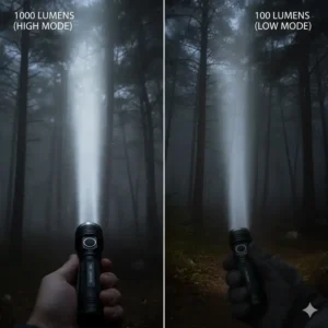 Visual representation of the difference between the high (1000 lumens) mode and the low mode of the 1000 lumens flashlight beam.