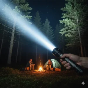 A person using the 4000 lumen torch to illuminate a large area while camping in the wilderness.