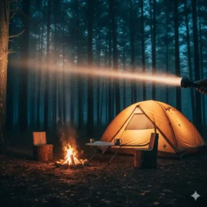 The powerful 4000 lumens torch illuminating a large campsite area during a night time adventure.