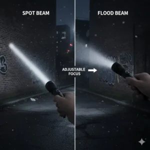 Demonstrating the adjustable light focus from a narrow spot beam to a wide floodlight on the baton flashlight.