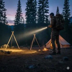 Hiker using the 1000 lumen torch to light up a campsite, serving as a bright, essential camping accessory.