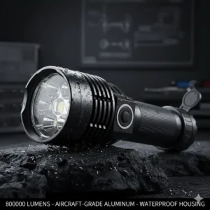 Detail of the rugged, aircraft-grade aluminum housing and waterproof features of the 800000 lumen light.