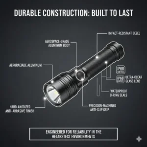 A shot highlighting the robust, anodized aerospace-grade aluminum body of the durable, farthest throwing flashlight.