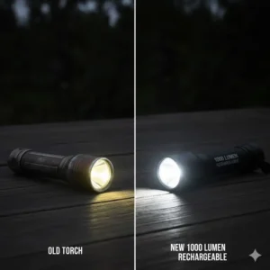 Side-by-side comparison of an older torch with the new, brighter 1000 lumen rechargeable model.