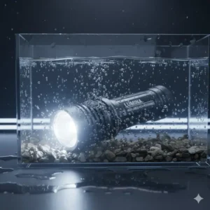 The durable, waterproof construction of the 4000 lumen flashlight shown partially submerged in water to highlight its IP rating.