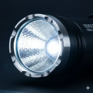 Close-up of the flashlight's head, highlighting the high-performance LED bulb and lens which produce the 1000 lumens flashlight light.