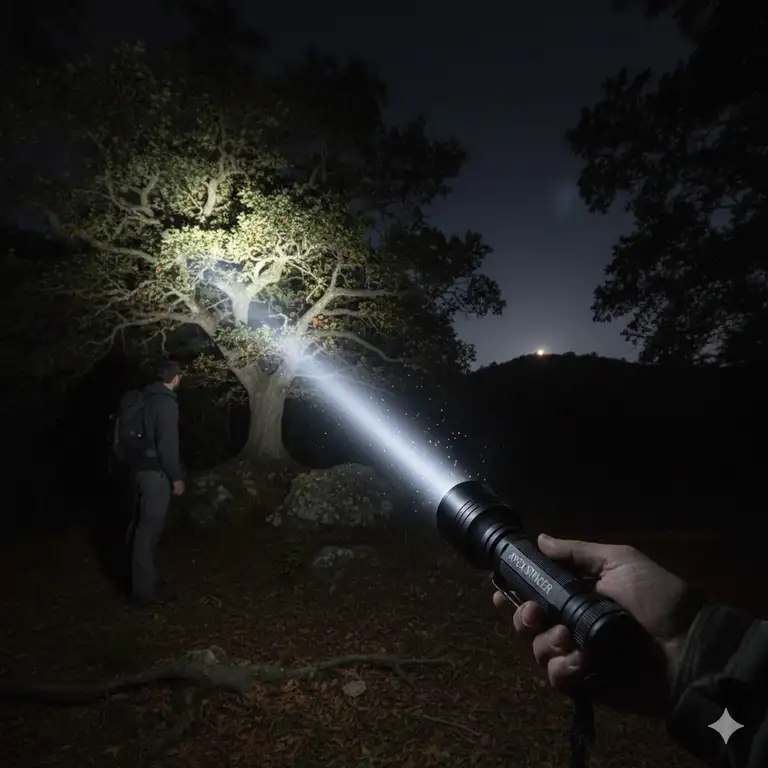 The best long distance flashlight model shown shining its powerful, concentrated beam across a dark field.
