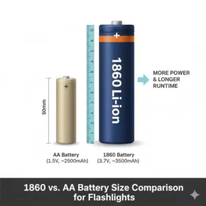 A simple diagram illustrating the larger physical size and greater capacity of an 18650 battery compared to a standard AA cell.