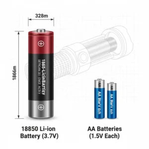 Comparison between a standard AA battery and the best 18650 flashlight power cell.
