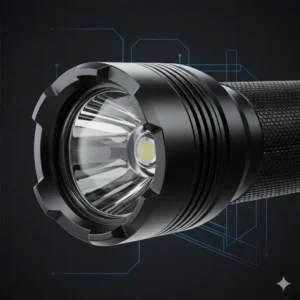 Close-up of the rugged strike bezel on the best self defence flashlight used for emergency situations.