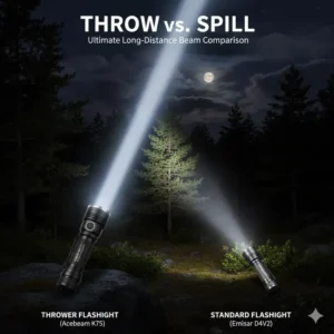 A clear night beam shot demonstrating the incredible long-distance throw of a dedicated best thrower flashlight compared to a standard light.