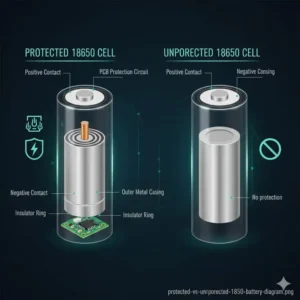 A technical diagram comparing protected and unprotected cells to find the best 18650 battery for flashlight safety.