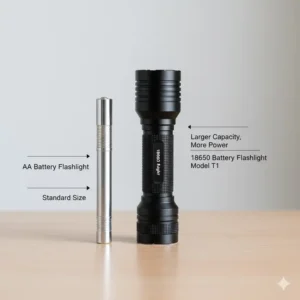 Size comparison of a compact LED 18650 battery flashlight next to a standard AA light.