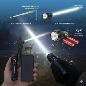 Diagram illustrating the exceptional long throw flashlight distance of a high-performance LED light compared to a standard light.