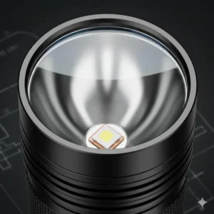 Close-up of the deep, smooth reflector essential for maximizing the throw distance of this thrower flashlight.