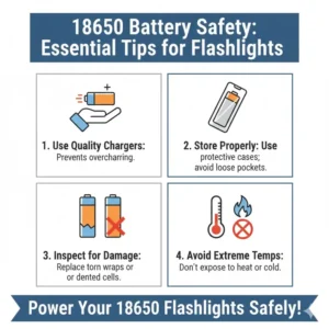 A graphic detailing essential safety and charging practices for the 18650 battery cells used in your flashlights that use 18650 batteries.