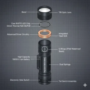 Detailed internal anatomy and components of the best 18650 flashlight for durability.