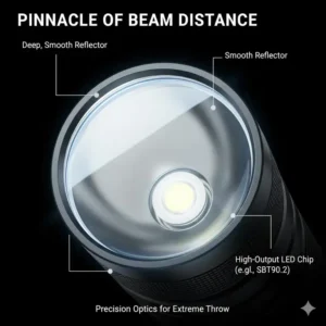 Close-up on the deep, smooth reflector, which is the key design feature enabling the best thrower flashlight long-range performance.