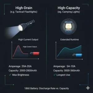High-drain vs high-capacity comparison chart for selecting the best 18650 battery for flashlight based on performance needs.