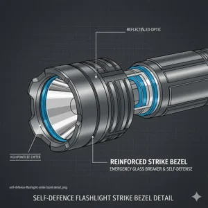 Illustration 2: Close-up technical drawing of the reinforced stainless steel strike bezel on a self defence torch.