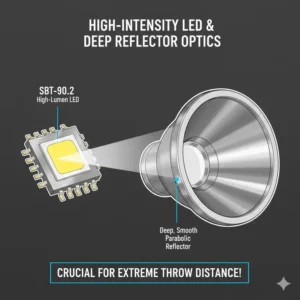 Close-up of a high-intensity LED and deep reflector, crucial components of a longest range flashlight design.