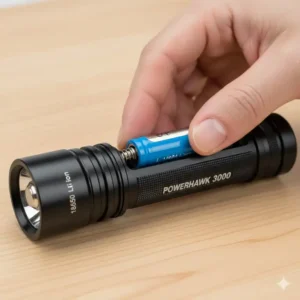 Close-up view of a hand inserting the rechargeable cell into the 18650 battery flashlight body.