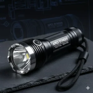 Close-up of the durable, rugged design of a tactical best long distance flashlight with an anti-roll head.