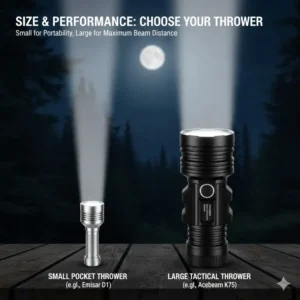 Comparison of a small, pocket-sized thrower next to a large, tactical best thrower flashlight for different carry preferences.