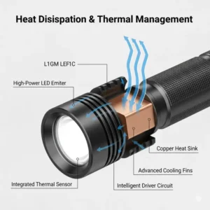 Close-up of the cooling fins designed to manage heat in the brightest 18650 flashlight.