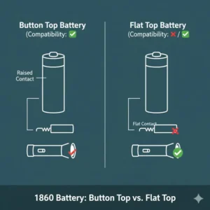 A visual guide showing button top and flat top versions of the best 18650 battery for flashlight for device compatibility.