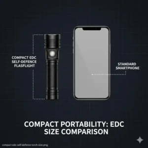 Illustration 3: A size comparison showing how easily a compact self defence torch fits in a pocket for everyday carry.