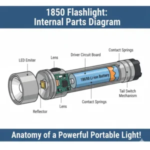 A detailed internal diagram showing the major parts of a powerful LED flashlight, specifically highlighting where the 18650 battery fits.