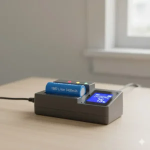 The charging setup for the cell used in the 18650 battery flashlight, showing the process.