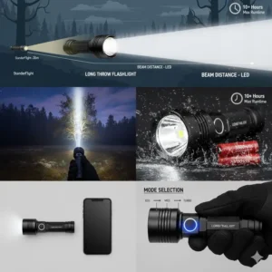 High-capacity lithium-ion battery next to the long throw flashlight, highlighting long runtime.