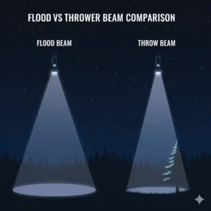 A side-by-side comparison showing the focused, narrow beam of a thrower flashlight next to the wide beam of a flood flashlight.
