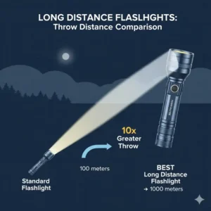 Comparison diagram illustrating the difference in throw distance between a standard flashlight and one of the best long distance flashlights.