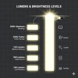 Infographic showing the different lumen output levels of the best 18650 flashlight.