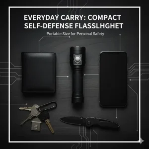 Showing the compact size of the best self defence flashlight as part of an everyday carry kit.