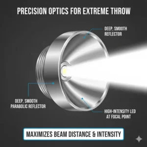 Diagram illustrating a deep, smooth reflector (SMO) that maximizes beam focus and helps achieve the longest range flashlight throw.
