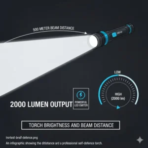 Illustration 4: Infographic displaying the high-intensity beam distance and lumen output of this self defence torch.